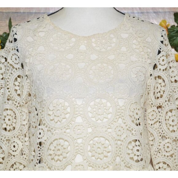 Justfab Ladies S Cream Crochet 3/4 Puff Sleeve Top Cottage Granny Core Boho - Picture 2 of 10